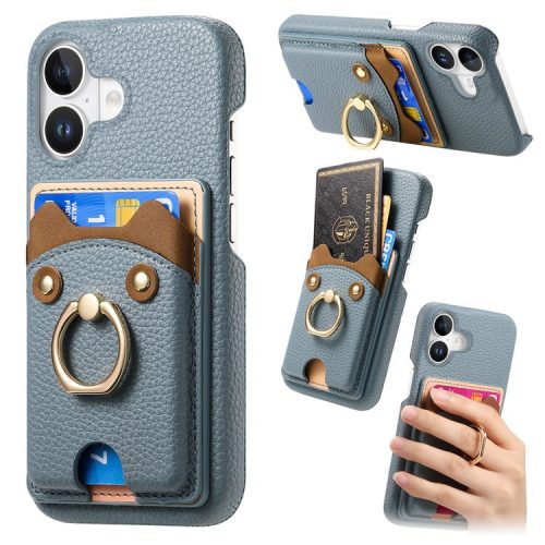 Y6 For iPhone 16 Case Cute Bear Design PU Leather+TPU Card Holder Phone Cover - Blue