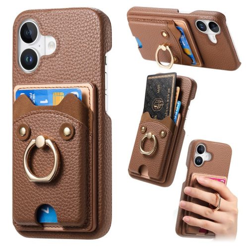 Y6 For iPhone 16 Case Cute Bear Design PU Leather+TPU Card Holder Phone Cover - Brown