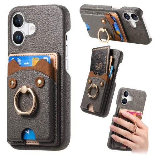 Y6 For iPhone 16 Case Cute Bear Design PU Leather+TPU Card Holder Phone Cover - Grey