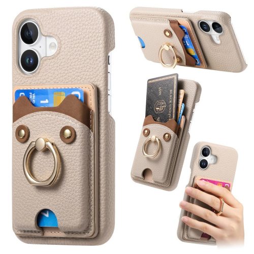 Y6 For iPhone 16 Case Cute Bear Design PU Leather+TPU Card Holder Phone Cover - Khaki