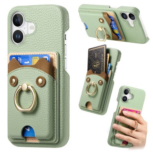 Y6 For iPhone 16 Case Cute Bear Design PU Leather+TPU Card Holder Phone Cover - Light Green