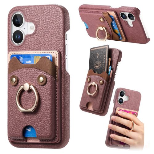 Y6 For iPhone 16 Case Cute Bear Design PU Leather+TPU Card Holder Phone Cover - Light Red