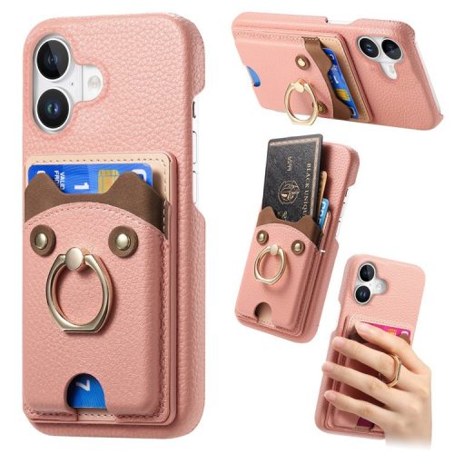 Y6 For iPhone 16 Case Cute Bear Design PU Leather+TPU Card Holder Phone Cover - Pink