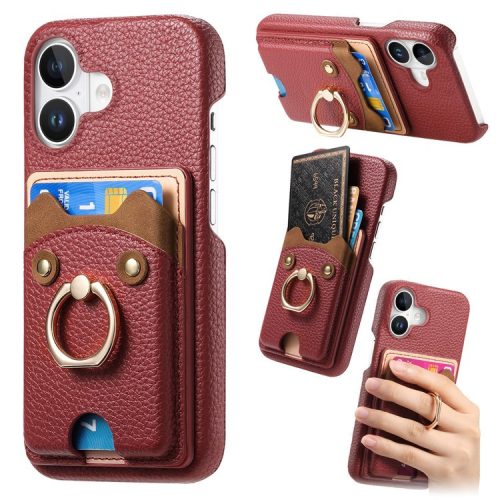 Y6 For iPhone 16 Case Cute Bear Design PU Leather+TPU Card Holder Phone Cover - Red