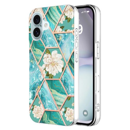 YB IMD Series-16 Style-E For iPhone 16 Case IMD Marble Flower Pattern TPU Phone Cover - Blue Flowers