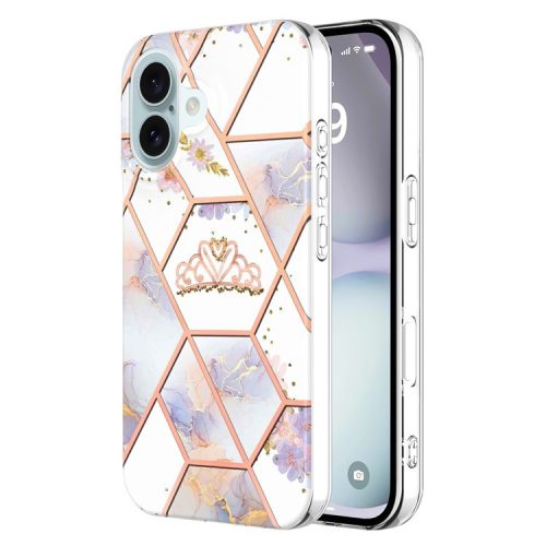 YB IMD Series-16 Style-E For iPhone 16 Case IMD Marble Flower Pattern TPU Phone Cover - Crown