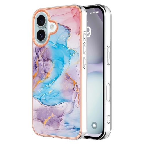 YB IMD Series-16 Style-E For iPhone 16 Case IMD Marble Flower Pattern TPU Phone Cover - Milky Way Marble Blue