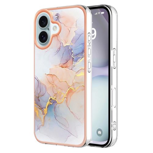 YB IMD Series-16 Style-E For iPhone 16 Case IMD Marble Flower Pattern TPU Phone Cover - Milky Way Marble White