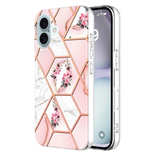 YB IMD Series-16 Style-E For iPhone 16 Case IMD Marble Flower Pattern TPU Phone Cover - Pink Flowers