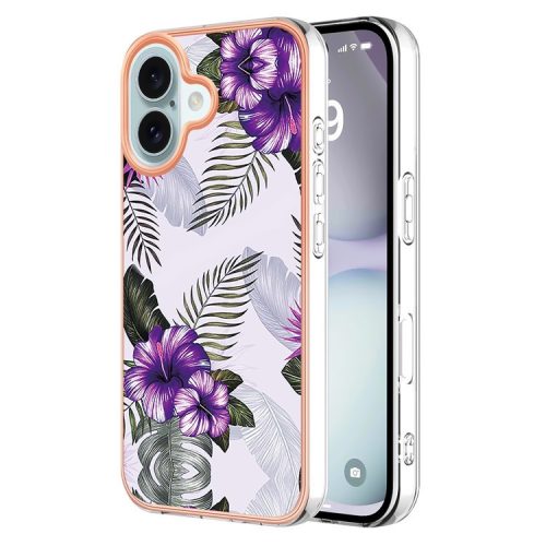 YB IMD Series-16 Style-E For iPhone 16 Case IMD Marble Flower Pattern TPU Phone Cover - Purple Flower