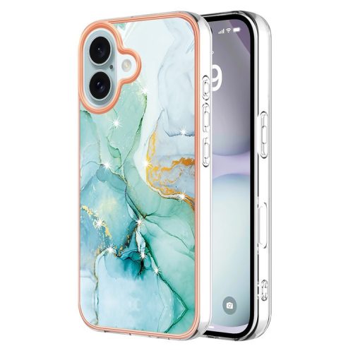 YB IMD Series-16 Style-E For iPhone 16 Phone Case IMD Marble Pattern TPU Back Cover - Green 003