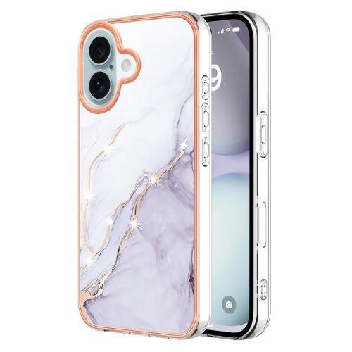 YB IMD Series-16 Style-E For iPhone 16 Phone Case IMD Marble Pattern TPU Back Cover - White 006