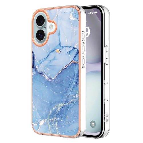 YB IMD Series-16 Style-E For iPhone 16 TPU Case Marble Pattern Electroplating Phone Cover - Blue