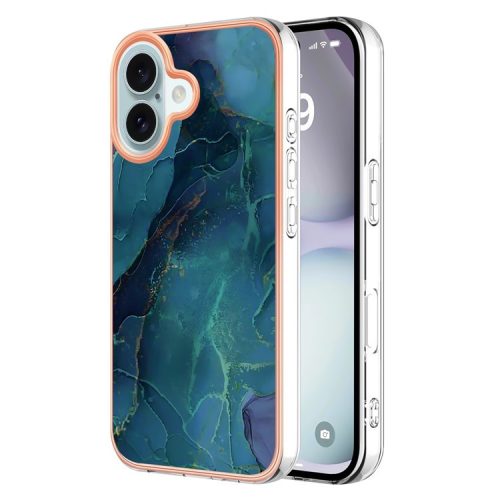 YB IMD Series-16 Style-E For iPhone 16 TPU Case Marble Pattern Electroplating Phone Cover - Green