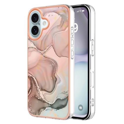 YB IMD Series-16 Style-E For iPhone 16 TPU Case Marble Pattern Electroplating Phone Cover - Pink