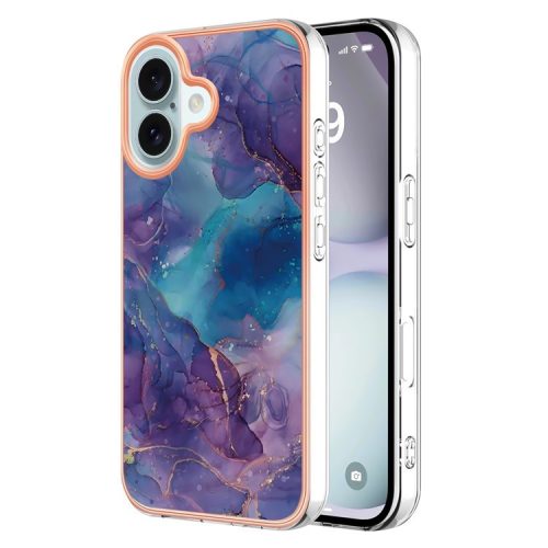 YB IMD Series-16 Style-E For iPhone 16 TPU Case Marble Pattern Electroplating Phone Cover - Purple