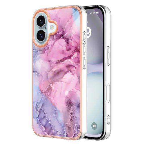 YB IMD Series-16 Style-E For iPhone 16 TPU Case Marble Pattern Electroplating Phone Cover - Rose