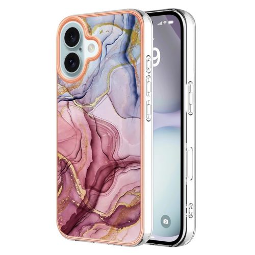 YB IMD Series-16 Style-E For iPhone 16 TPU Case Marble Pattern Electroplating Phone Cover - Rose Gold