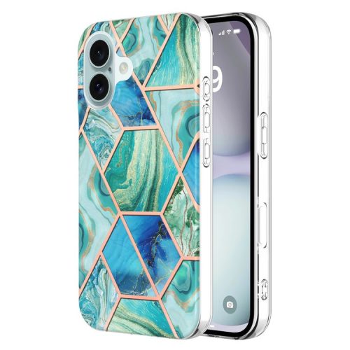 YB IMD Series-3 for iPhone 16 TPU Case Marble Pattern Electroplated Phone Back Cover - Blue