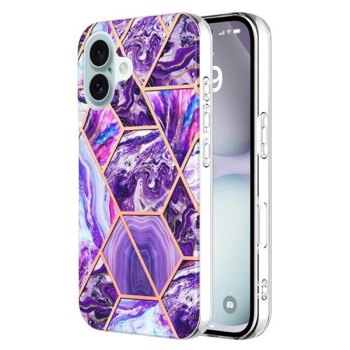 YB IMD Series-3 for iPhone 16 TPU Case Marble Pattern Electroplated Phone Back Cover - Dark Purple