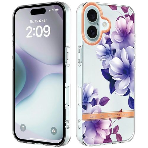 YB IMD-8 Series for iPhone 16 TPU Case Flower Pattern IMD IML Phone Cover - HC004 Purple Begonia