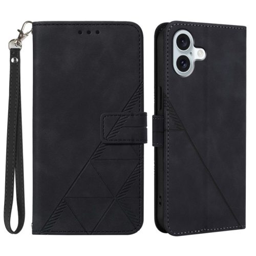 YB Imprinting Series-1 For iPhone 16 Leather Case with Hand Strap Wallet Phone Cover - Black