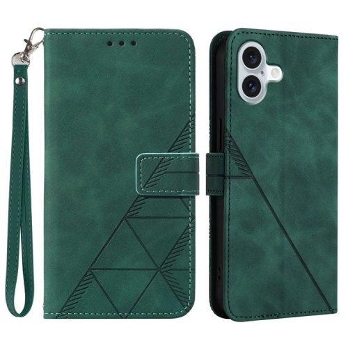 YB Imprinting Series-1 For iPhone 16 Leather Case with Hand Strap Wallet Phone Cover - Blackish Green