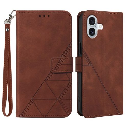 YB Imprinting Series-1 For iPhone 16 Leather Case with Hand Strap Wallet Phone Cover - Brown