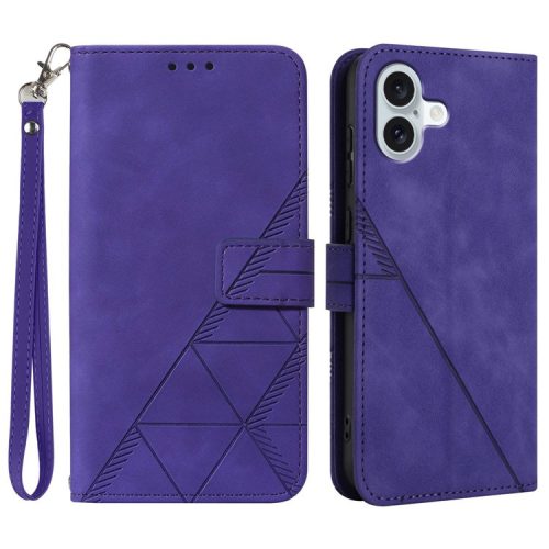 YB Imprinting Series-1 For iPhone 16 Leather Case with Hand Strap Wallet Phone Cover - Purple