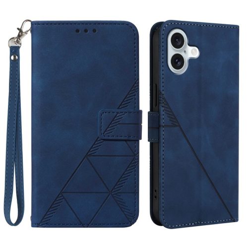 YB Imprinting Series-1 For iPhone 16 Leather Case with Hand Strap Wallet Phone Cover - Sapphire