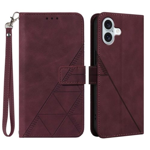 YB Imprinting Series-1 For iPhone 16 Leather Case with Hand Strap Wallet Phone Cover - Wine Red