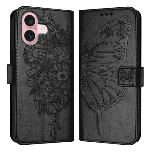 YB Imprinting Series-4 For iPhone 16 Case Butterfly Flower Flip Wallet Leather Phone Cover - Black