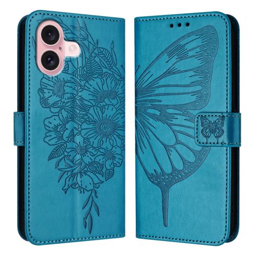 YB Imprinting Series-4 For iPhone 16 Case Butterfly Flower Flip Wallet Leather Phone Cover - Blue