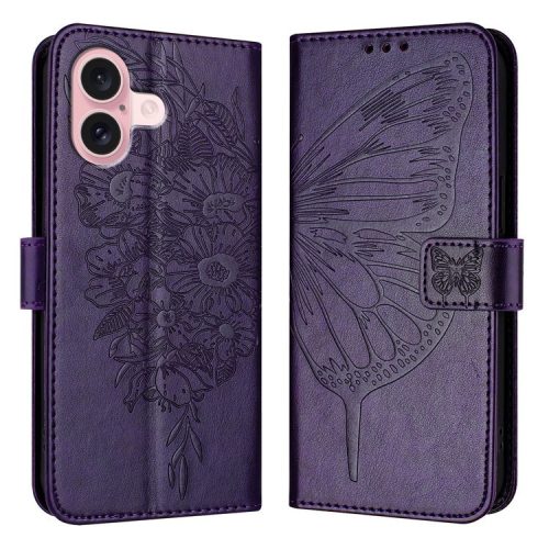 YB Imprinting Series-4 For iPhone 16 Case Butterfly Flower Flip Wallet Leather Phone Cover - Dark Purple