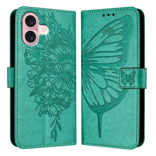 YB Imprinting Series-4 For iPhone 16 Case Butterfly Flower Flip Wallet Leather Phone Cover - Green