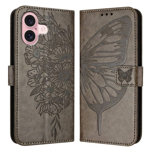 YB Imprinting Series-4 For iPhone 16 Case Butterfly Flower Flip Wallet Leather Phone Cover - Grey