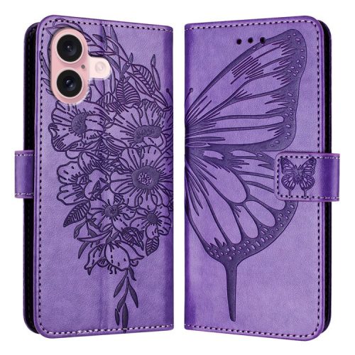 YB Imprinting Series-4 For iPhone 16 Case Butterfly Flower Flip Wallet Leather Phone Cover - Purple