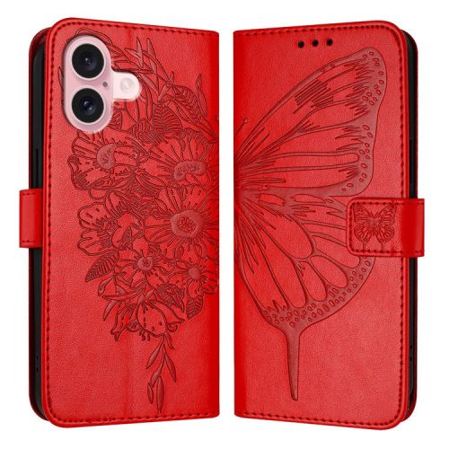 YB Imprinting Series-4 For iPhone 16 Case Butterfly Flower Flip Wallet Leather Phone Cover - Red