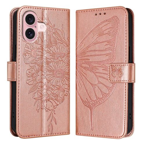 YB Imprinting Series-4 For iPhone 16 Case Butterfly Flower Flip Wallet Leather Phone Cover - Rose Gold