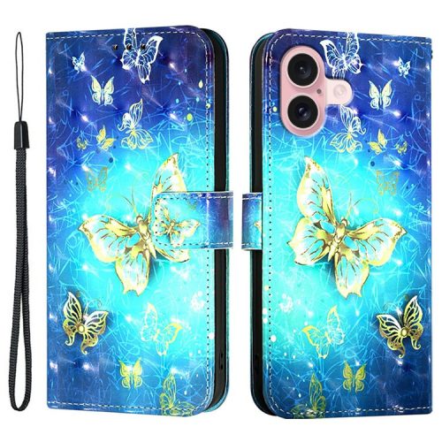 YB Pattern Printing Leather Series-2 For iPhone 16 Case Stand View Wallet Phone Cover - Golden Butterflies