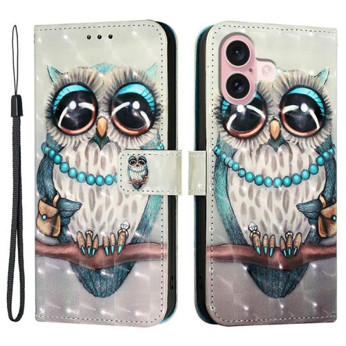 YB Pattern Printing Leather Series-2 For iPhone 16 Case Stand View Wallet Phone Cover - Grey Owl