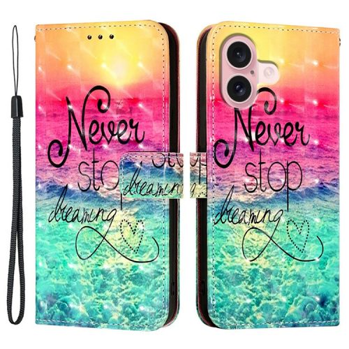 YB Pattern Printing Leather Series-2 For iPhone 16 Case Stand View Wallet Phone Cover - Never Stop Dreaming