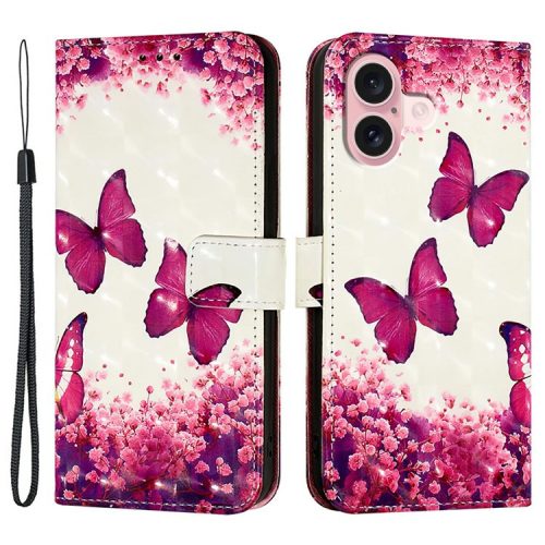 YB Pattern Printing Leather Series-2 For iPhone 16 Case Stand View Wallet Phone Cover - Rose Butterflies