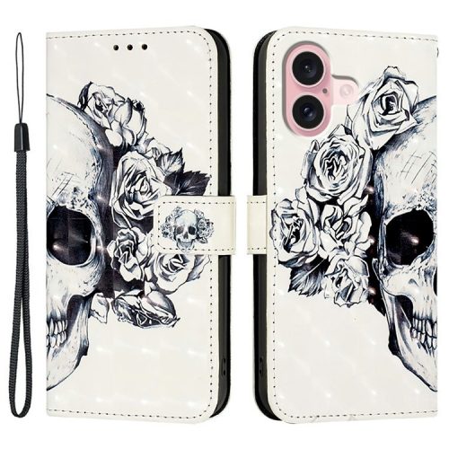 YB Pattern Printing Leather Series-2 For iPhone 16 Case Stand View Wallet Phone Cover - Skull