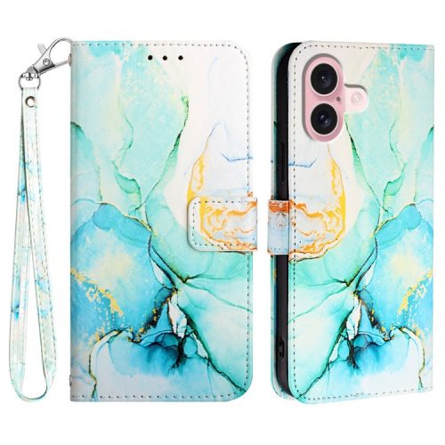 YB Pattern Printing Leather Series-5 For iPhone 16 Case Marble Pattern Wallet Phone Cover - Green LS003