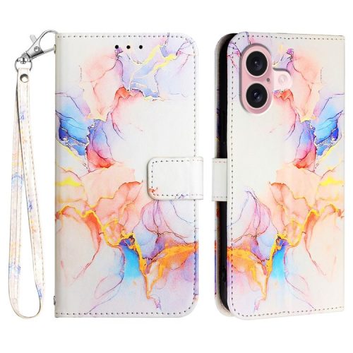 YB Pattern Printing Leather Series-5 For iPhone 16 Case Marble Pattern Wallet Phone Cover - Milky Way Marble White LS004