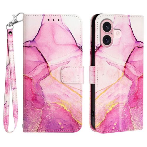 YB Pattern Printing Leather Series-5 For iPhone 16 Case Marble Pattern Wallet Phone Cover - Pink / Purple / Gold LS001