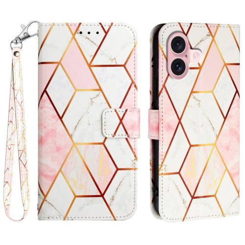 YB Pattern Printing Leather Series-5 For iPhone 16 Case Marble Pattern Wallet Phone Cover - Pink / White LS002