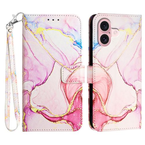 YB Pattern Printing Leather Series-5 For iPhone 16 Case Marble Pattern Wallet Phone Cover - Rose Gold LS005