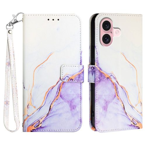 YB Pattern Printing Leather Series-5 For iPhone 16 Case Marble Pattern Wallet Phone Cover - White / Purple LS006